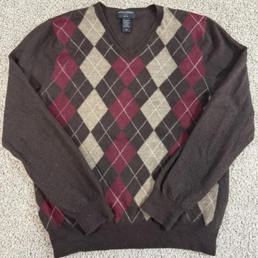 Banana Republic Mens M Merino Wool Argyle Sweater Brown Red Tan Classic EUC